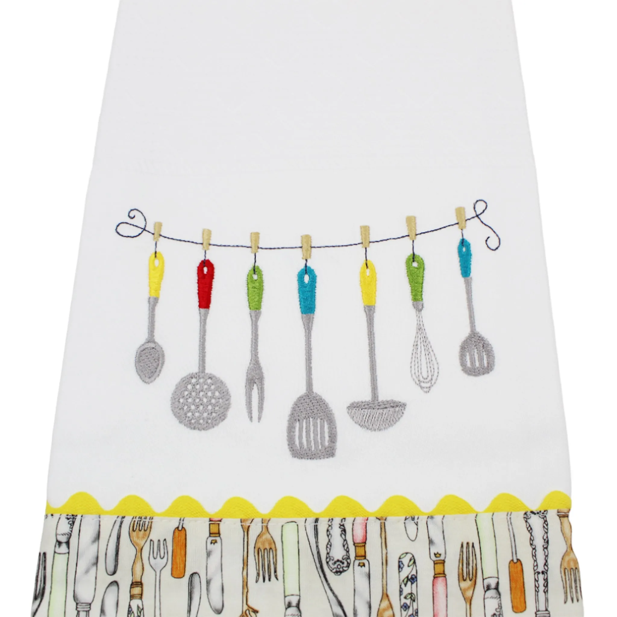 100% Cotton Decorative Kitchen Dish Towel with Border - Made in Portugal - Cutlery Yellow