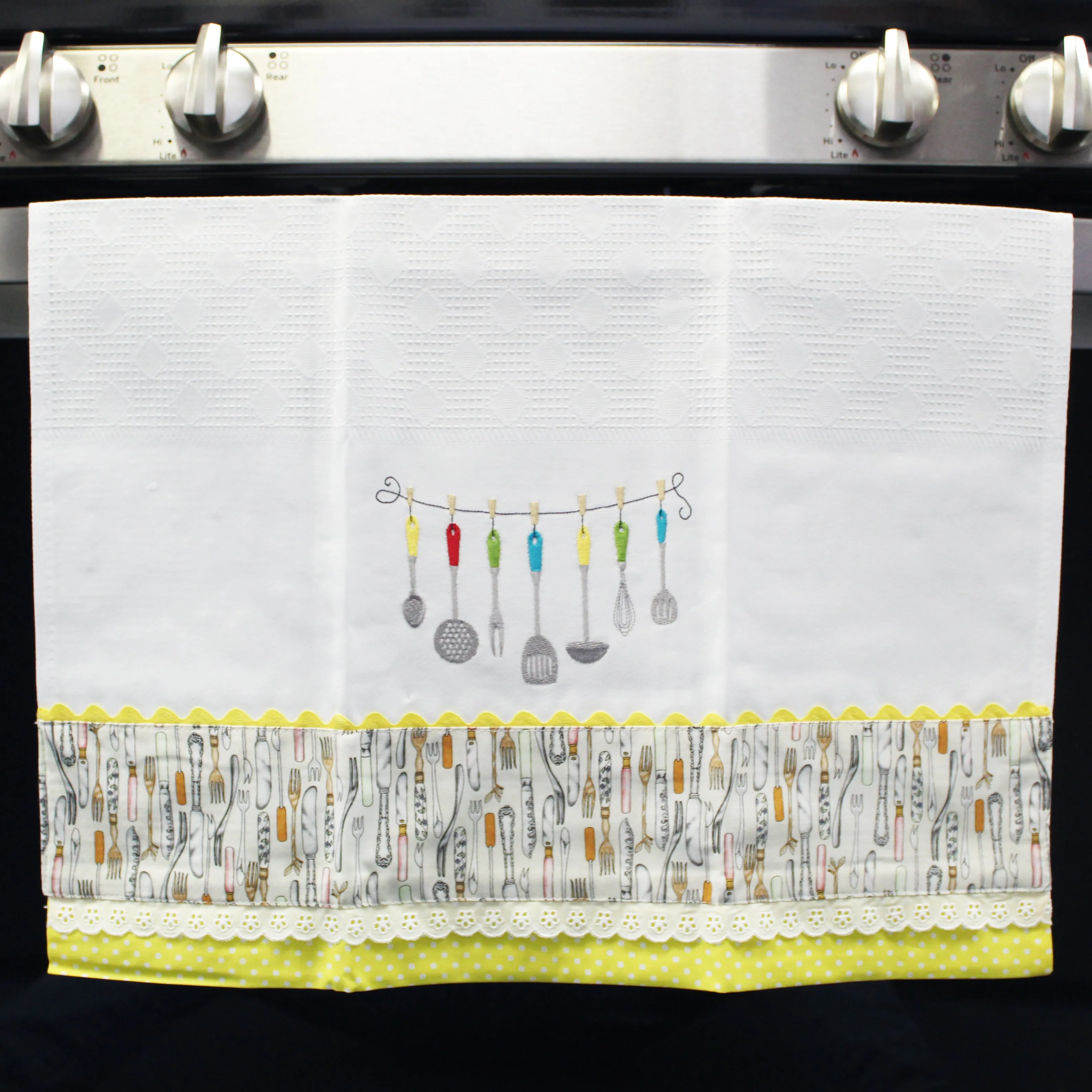 100% Cotton Decorative Kitchen Dish Towel with Border - Made in Portugal - Cutlery Yellow