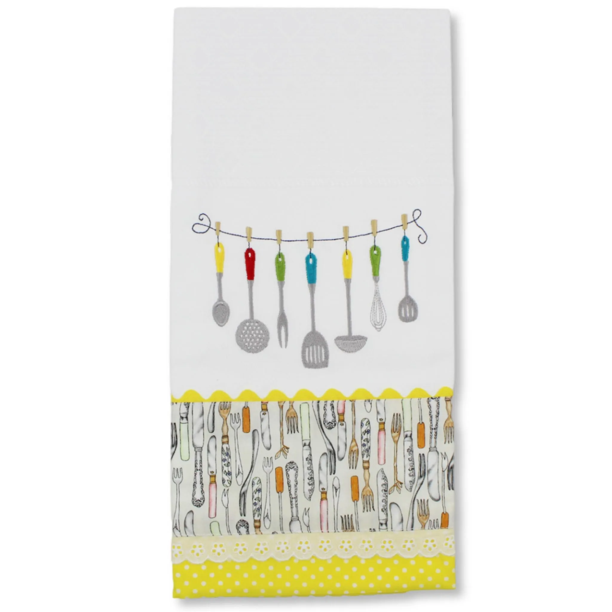 100% Cotton Decorative Kitchen Dish Towel with Border - Made in Portugal - Cutlery Yellow