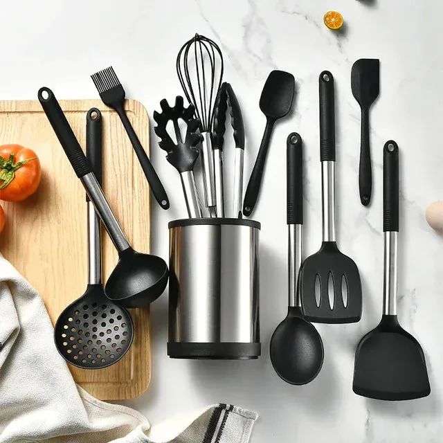 12 Piece Non Stick Kitchen Utensil Set With Rotating Storage Bucket