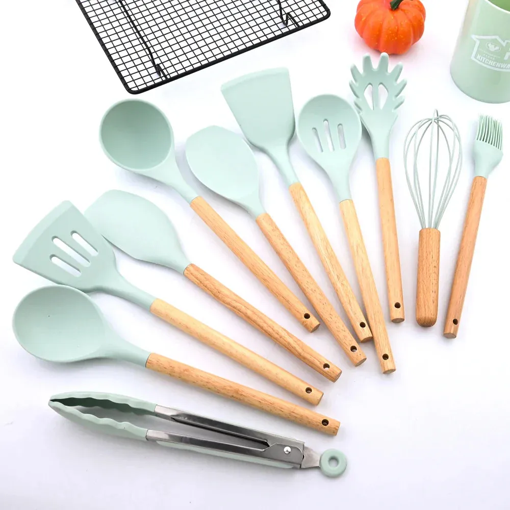 12P Silicone Non Stick Kitchen Utensil Set With Wooden Handle