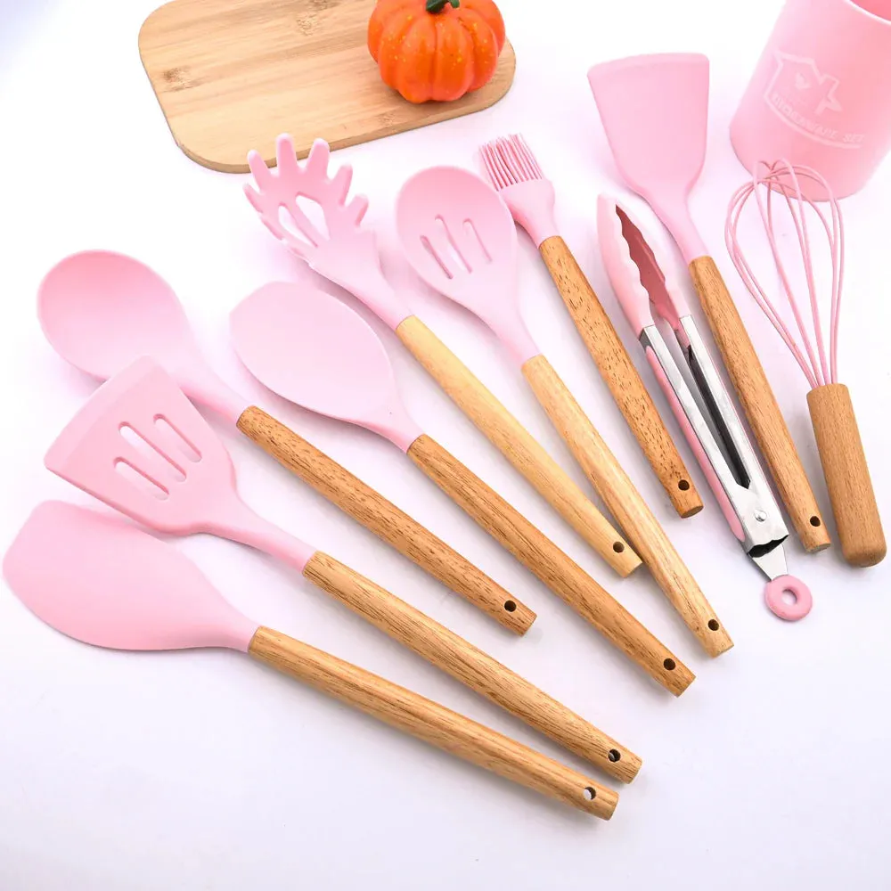 12P Silicone Non Stick Kitchen Utensil Set With Wooden Handle