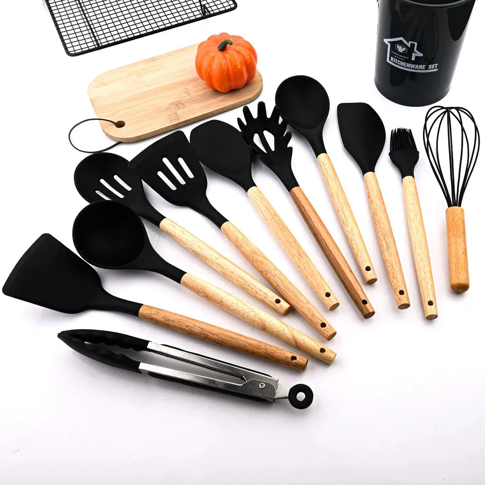 12P Silicone Non Stick Kitchen Utensil Set With Wooden Handle
