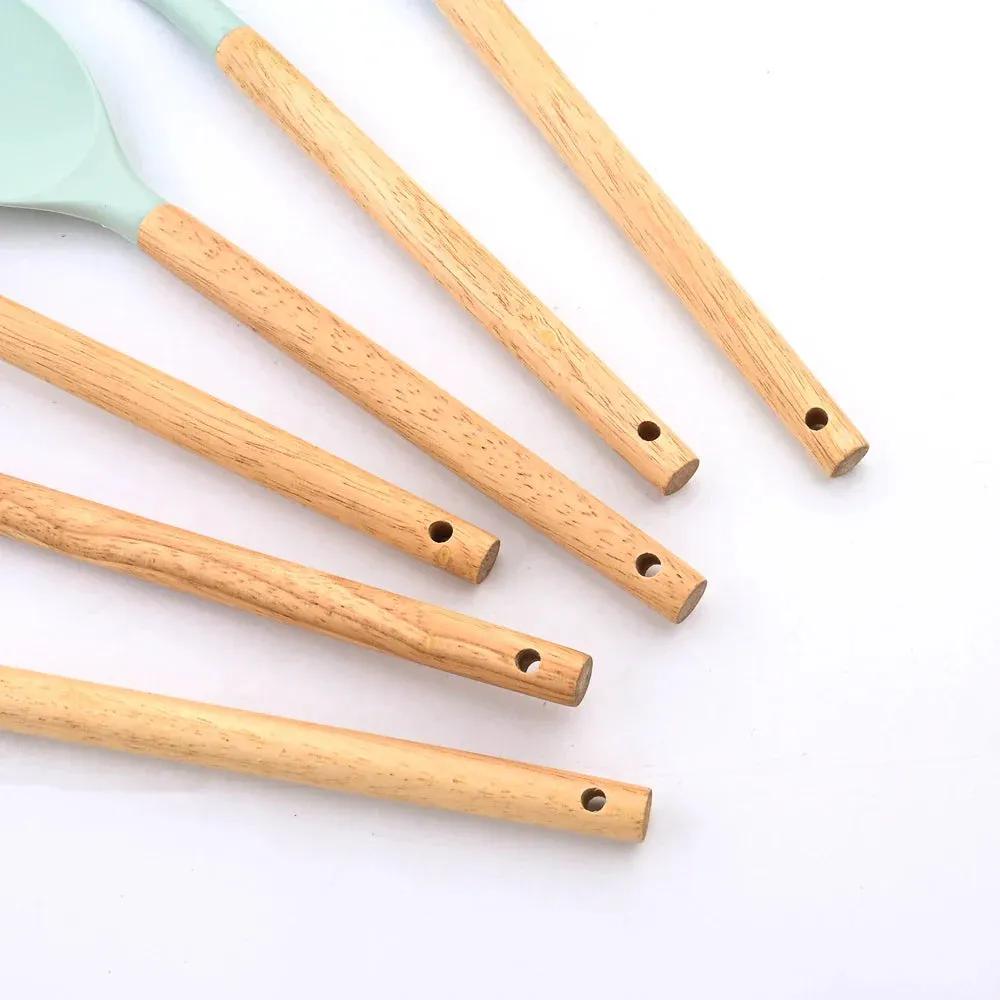 12P Silicone Non Stick Kitchen Utensil Set With Wooden Handle