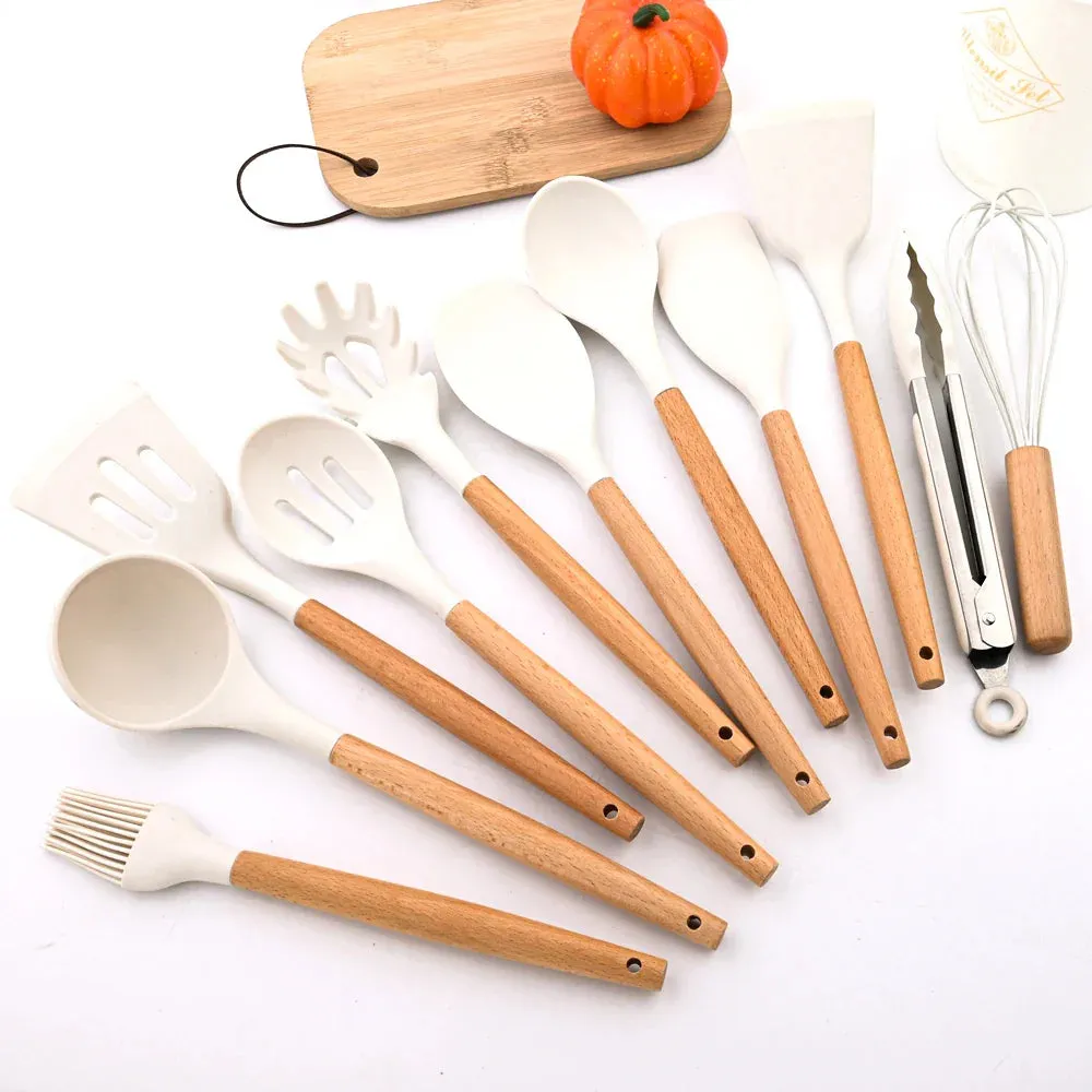 12P Silicone Non Stick Kitchen Utensil Set With Wooden Handle