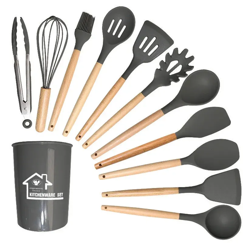 12P Silicone Non Stick Kitchen Utensil Set With Wooden Handle