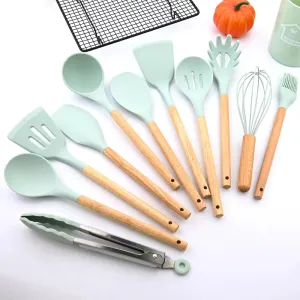 12P Silicone Non Stick Kitchen Utensil Set With Wooden Handle