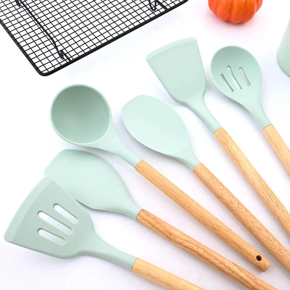 12P Silicone Non Stick Kitchen Utensil Set With Wooden Handle