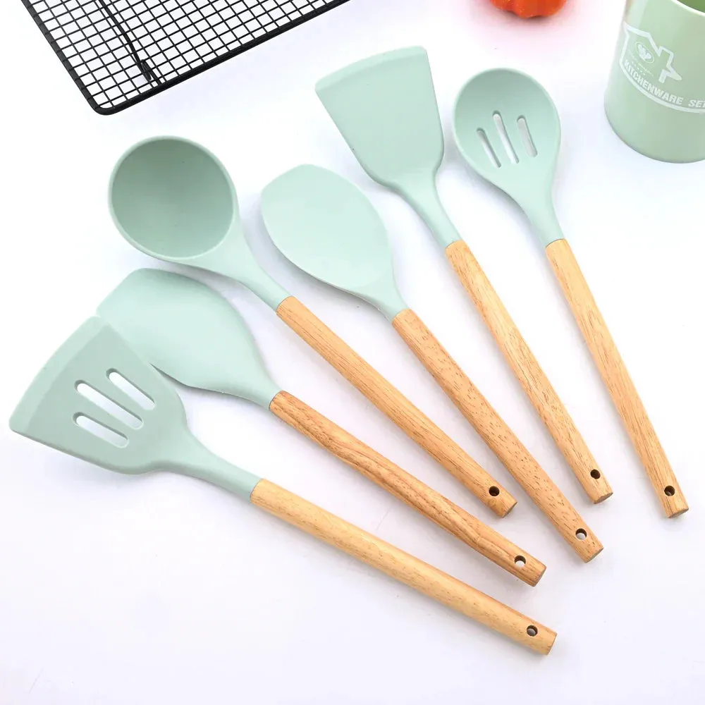 12P Silicone Non Stick Kitchen Utensil Set With Wooden Handle