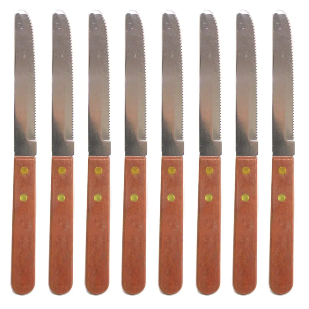 8 Steak Knife Serrated Edge Steel Wooden Knives Stainless Steel Cutlery Utensil