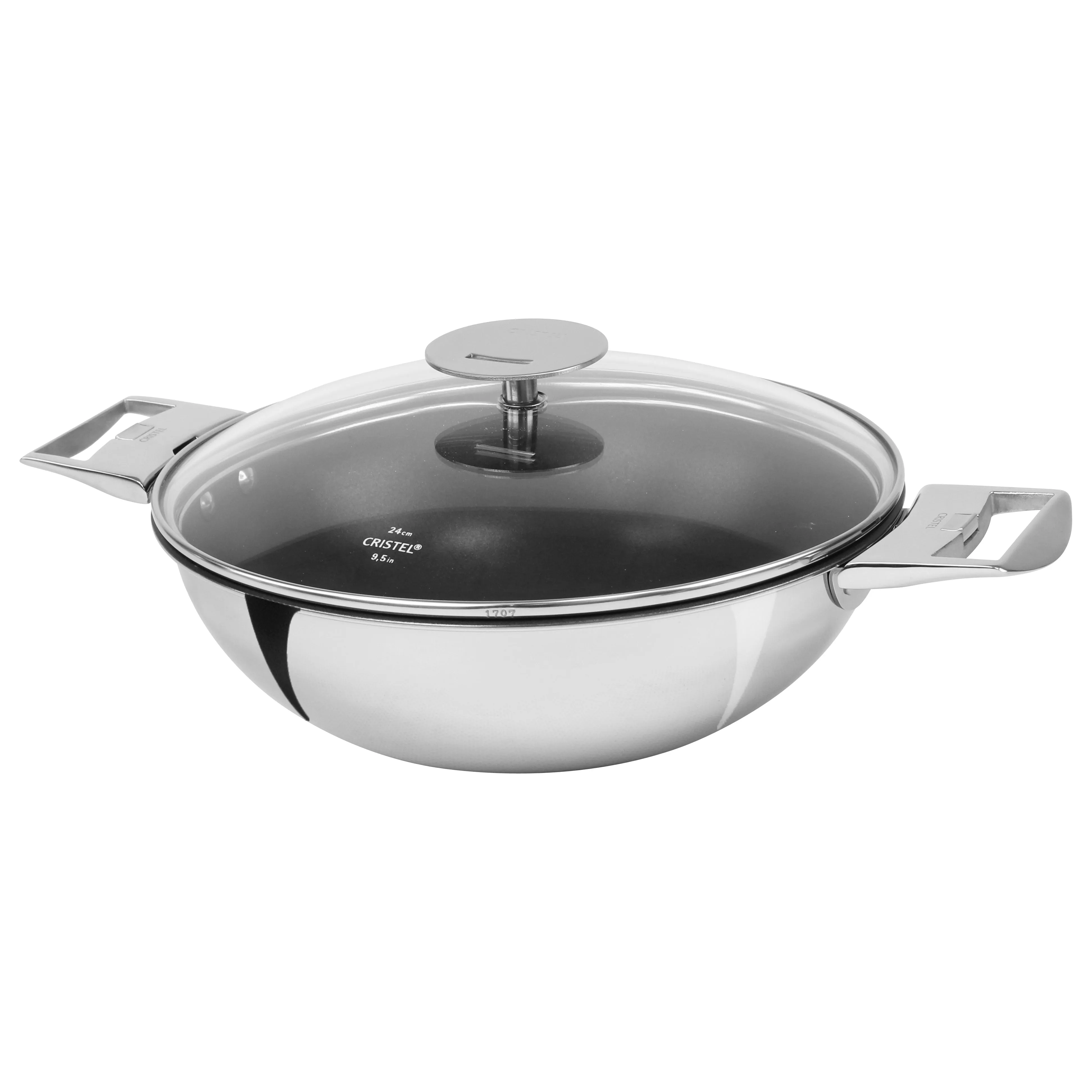 Cristel Casteline Detachable Handle 4-Quart Wok Exceliss Non-Stick Coating - With Domed Glass Lid