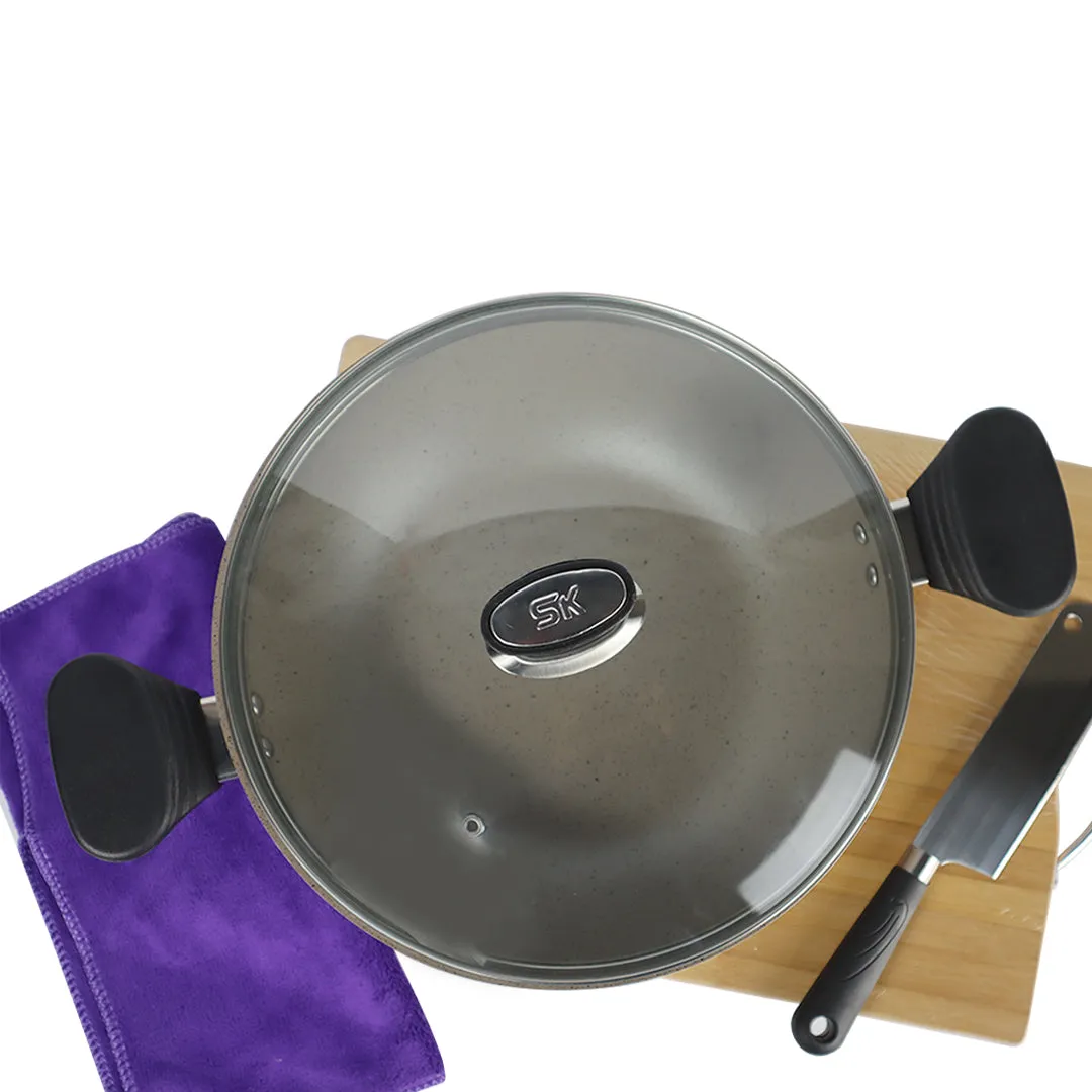 Marble Coated Wok (Karahi) with Glass Lid - Cream