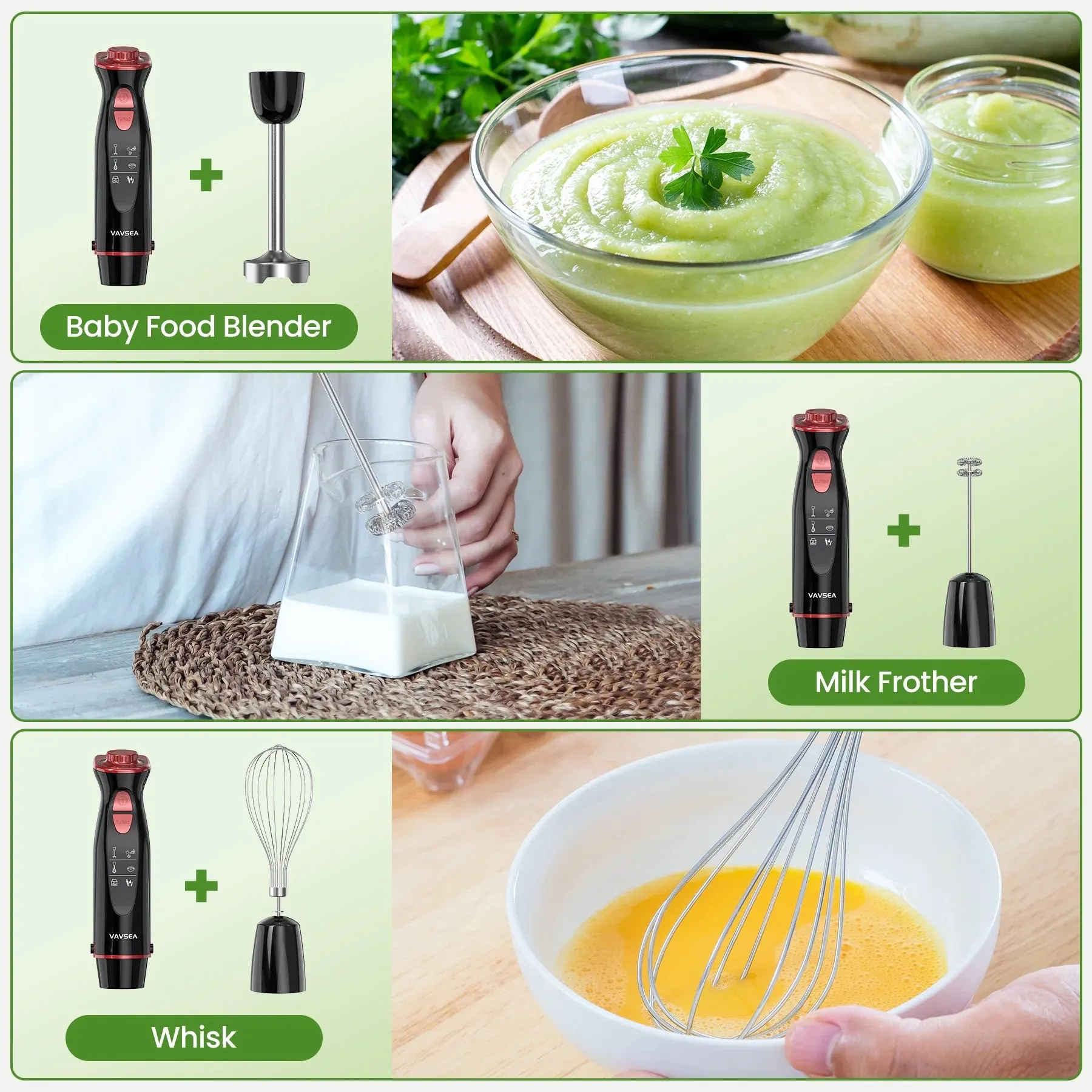 VAVSEA Immersion Hand Blender,5-in-1 1000W Multi-Function Handheld Stick Blender with Stainless Steel Blades, Chopper, 600ml Beaker, 12-Speed New Mixer Milk Frother for Baby Food/Smoothies