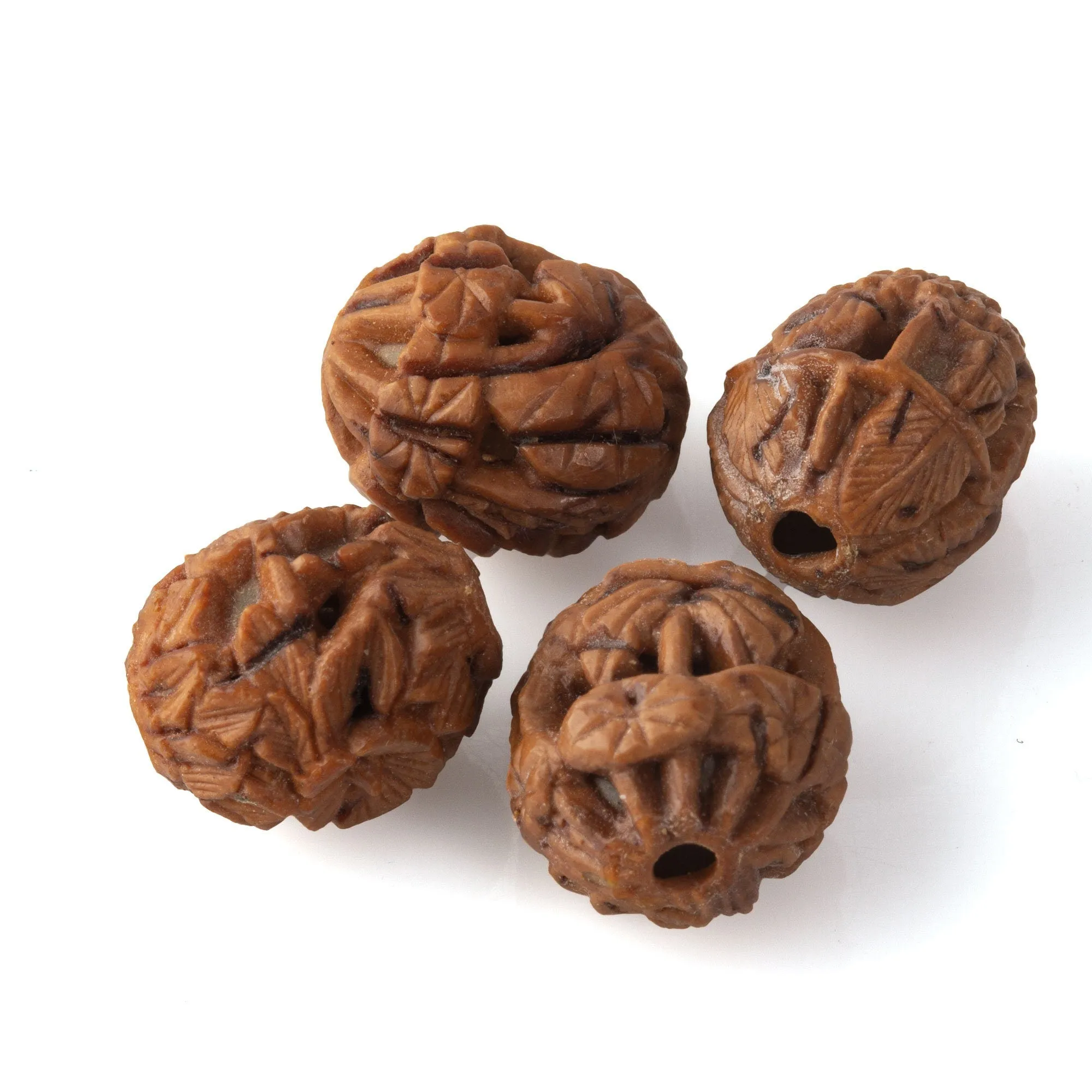 Vintage Chinese carved nut beads. Intricate foliar carvings   12-15mm. Pkg1. b7-wo346