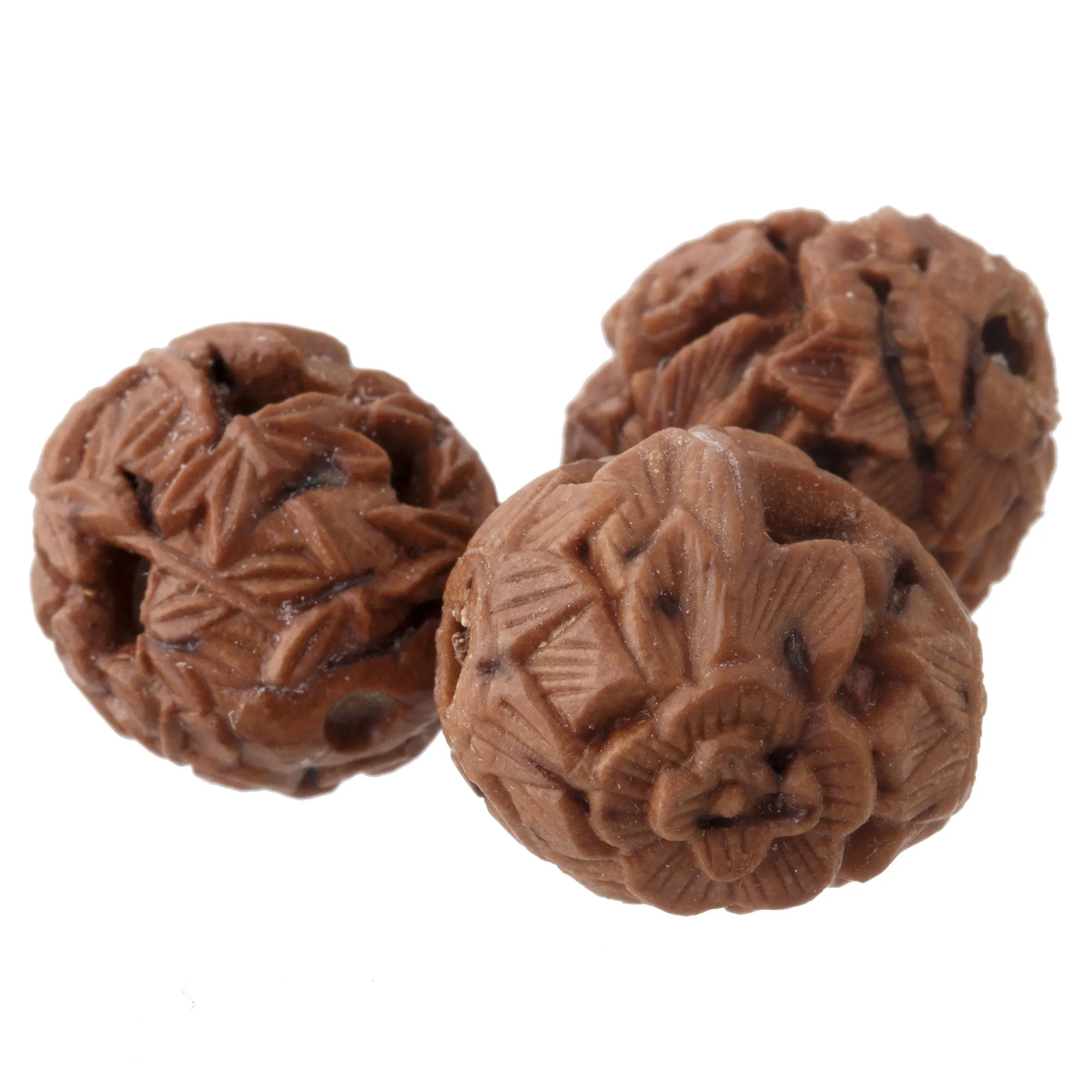 Vintage Chinese carved nut beads. Intricate foliar carvings   12-15mm. Pkg1. b7-wo346